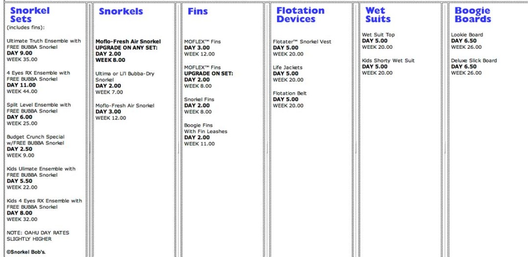 day_rates Snorkel Bob's