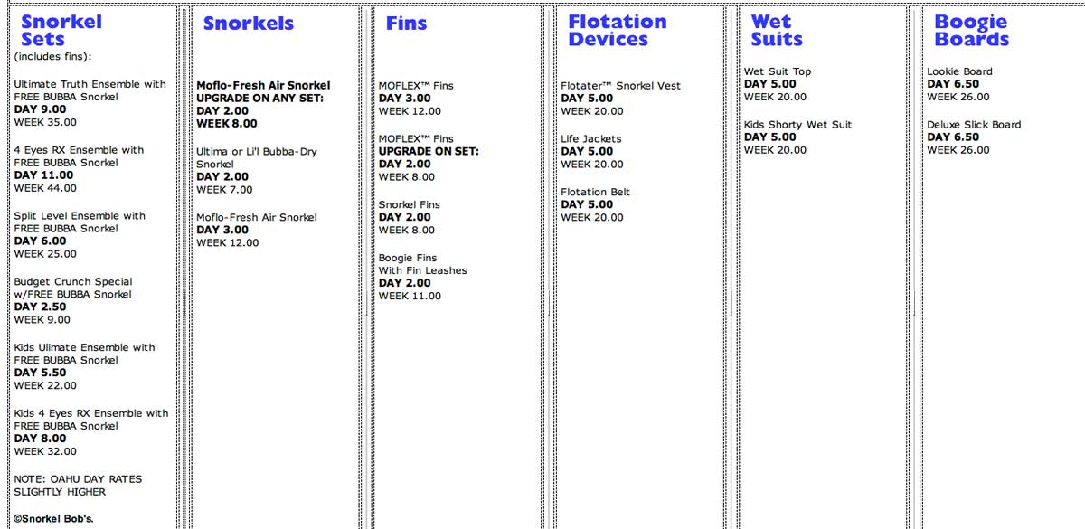 day_rates Snorkel Bob's
